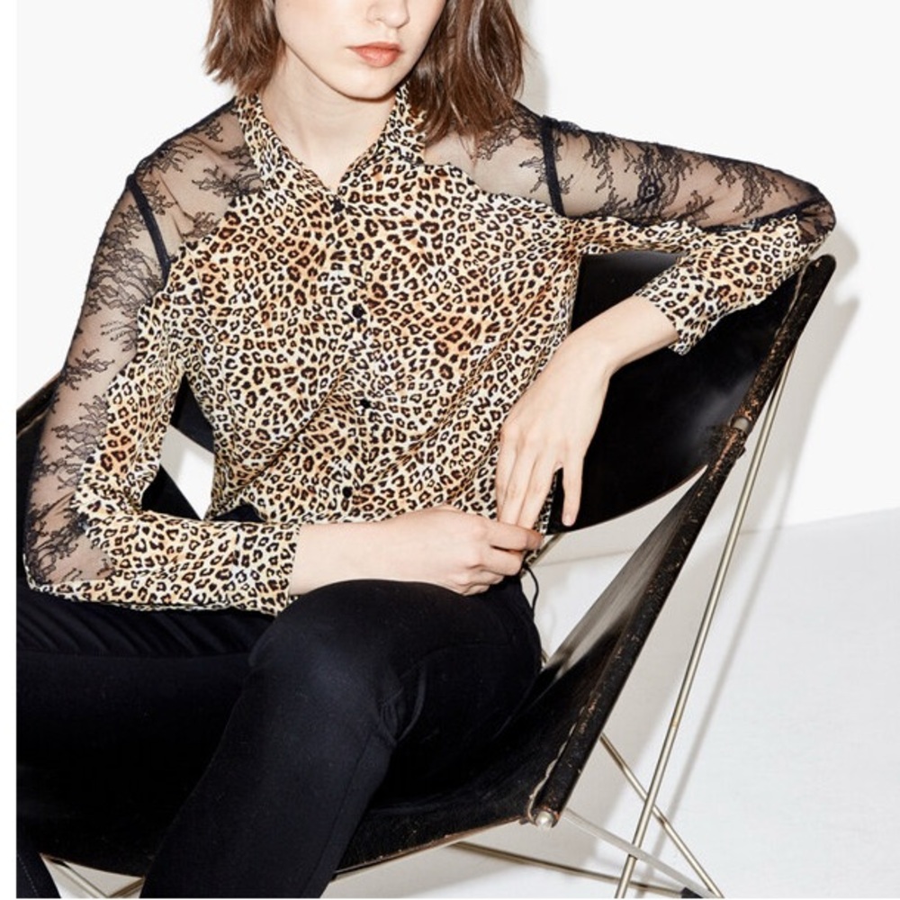 The Kooples Brown Black Silk Leopard & Lace Top Sz XS
